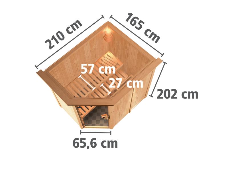 Karibu Sauna Carin inkl. 9 kW Ofen ext. Steuerung mit Klarglas Ganzglastür - mit Dachkranz -