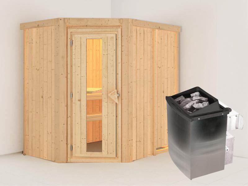 Karibu Sauna Carin inkl. 9 kW Ofen integr. Steuerung, mit energiesparender Saunatür - ohne Dachkranz