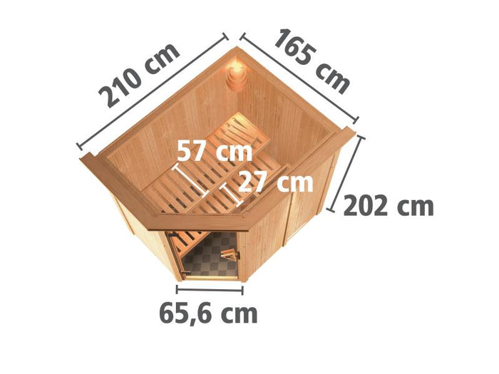 Karibu Sauna Carin inkl. 9 kW Ofen integr. Steuerung mit moderner Saunatür - mit Dachkranz -