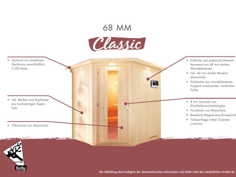 Karibu Sauna Carin inkl. 9 kW Ofen integr. Steuerung mit Klarglas Ganzglastür - mit Dachkranz -