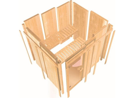 Karibu Sauna Carin inkl. 9 kW Ofen integr. Steuerung mit Klarglas Ganzglastür - mit Dachkranz -