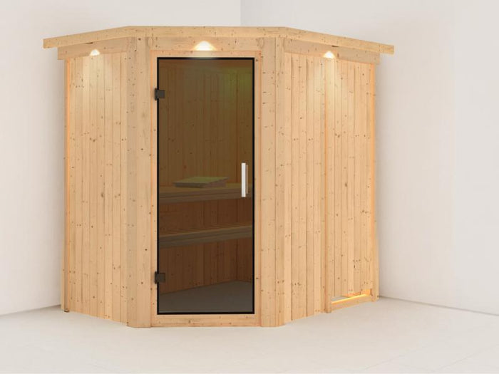 Karibu Sauna Carin ohne Ofen, mit Dachkranz, mit moderner Saunatür