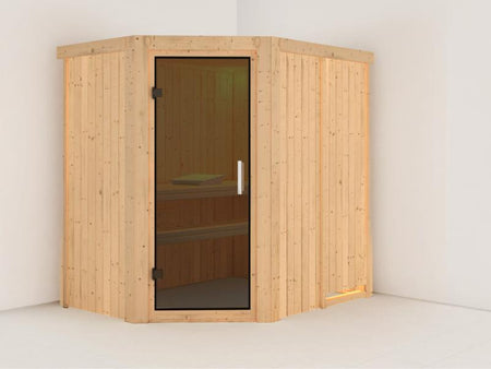 Karibu Sauna Carin ohne Ofen, ohne Dachkranz, mit moderner Saunatür
