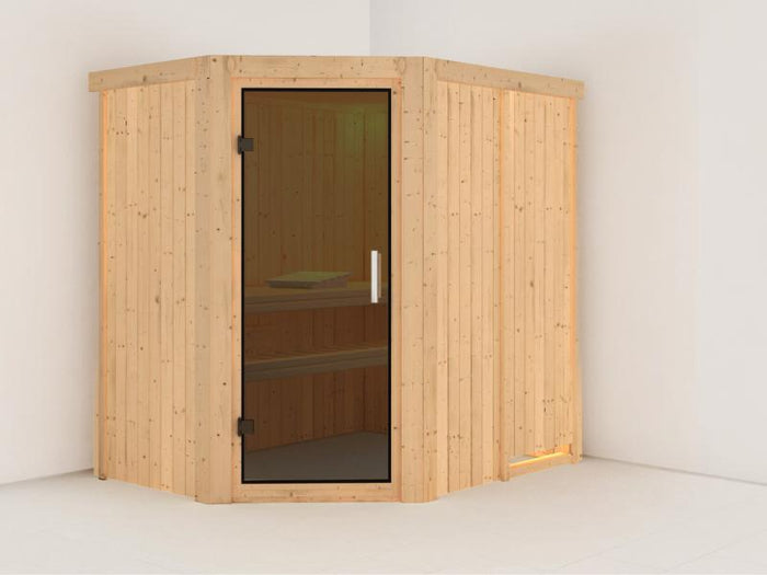 Karibu Sauna Carin ohne Ofen, ohne Dachkranz, mit moderner Saunatür