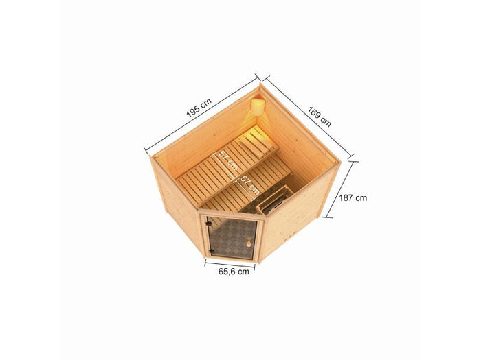 Karibu Sauna Elea inkl. 9 kW Bioofen ext. Steuerung mit klassischer Saunatür -ohne Dachkranz-