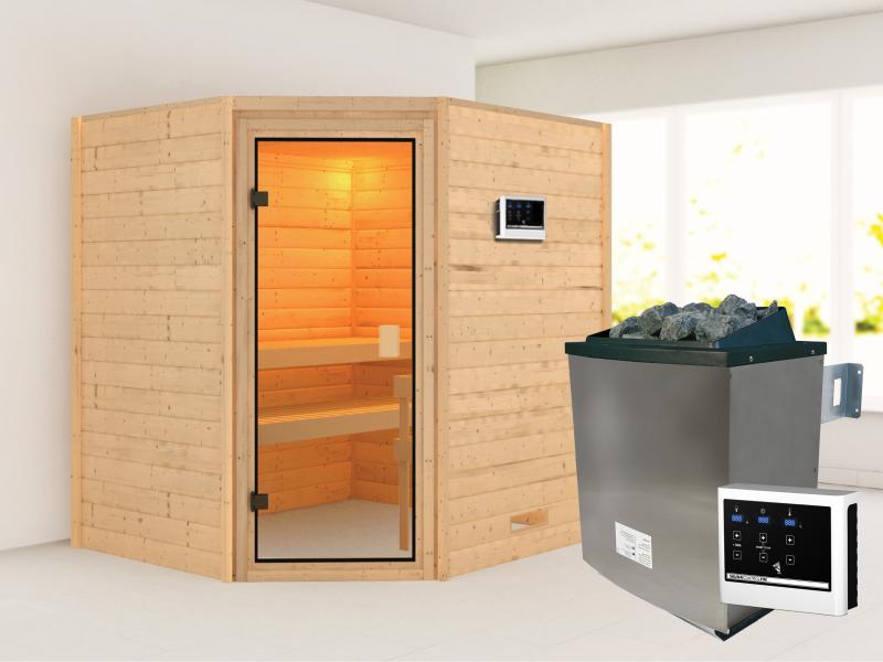 Karibu Sauna Elea inkl. 9 kW Ofen ext. Steuerung mit klassischer Saunatür -ohne Dachkranz-