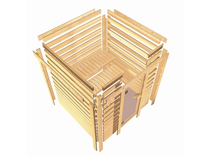 Karibu Sauna Elea inkl. 9 kW Ofen ext. Steuerung mit klassischer Saunatür -mit Dachkranz-