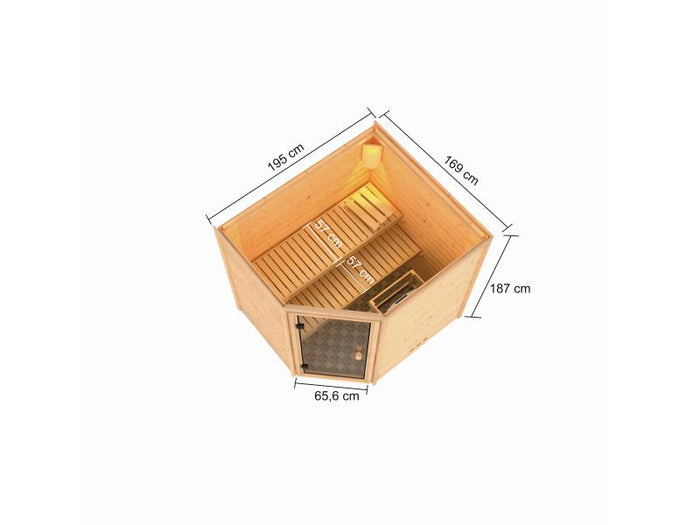 Karibu Sauna Elea inkl. 9 kW Ofen integr. Steuerung mit klassischer Saunatür -ohne Dachkranz-