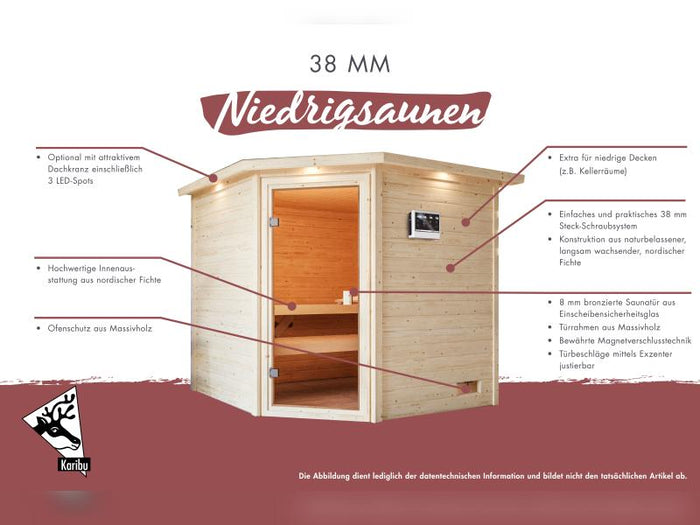 Karibu Sauna Elea inkl. 9 kW Ofen integr. Steuerung mit klassischer Saunatür -mit Dachkranz-