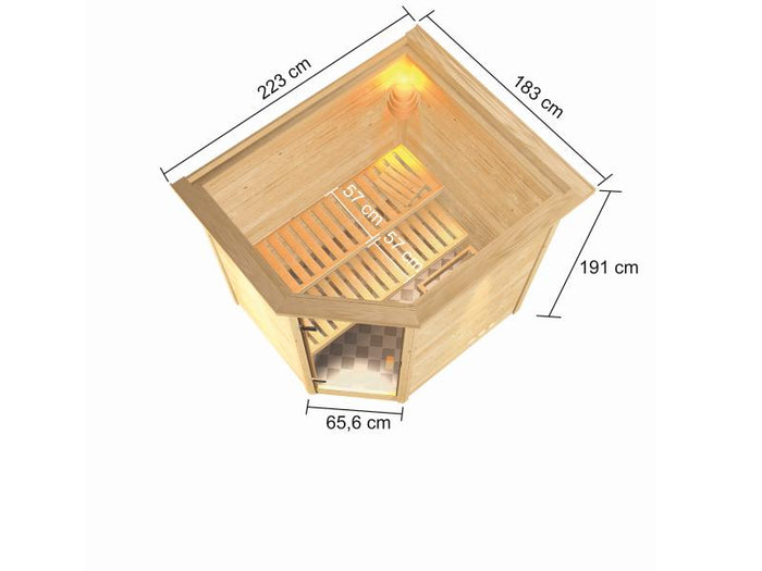 Karibu Sauna Elea inkl. 9 kW Ofen integr. Steuerung mit klassischer Saunatür -mit Dachkranz-