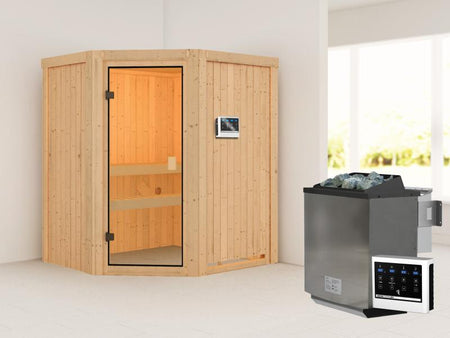 Karibu Sauna Faurin inkl. 9 kW Bioofen ext. Steuerung mit klassischer Saunatür -ohne Dachkranz-