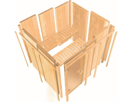 Karibu Sauna Faurin inkl. 9 kW Ofen integr. Steuerung mit klassischer Saunatür -ohne Dachkranz-