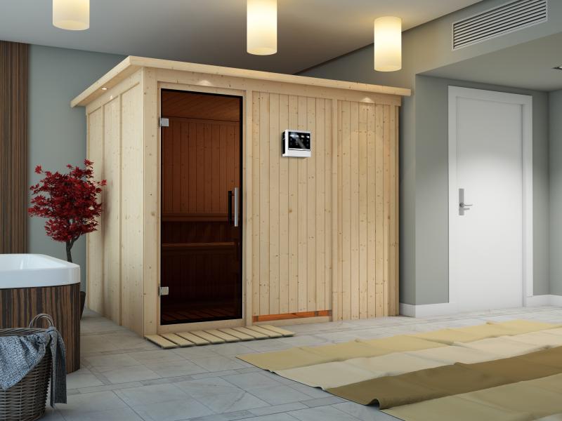 Karibu Sauna Gobin inkl. 9-kW-Bioofen mit externer Steuerung, mit Dachkranz, mit moderner Saunatür