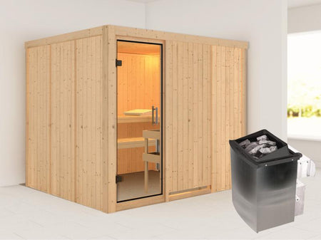 Karibu Sauna Gobin inkl. 9 kW Ofen mit int. Steuerung, ohne Dachkranz, mit Klarglas Ganzglastür