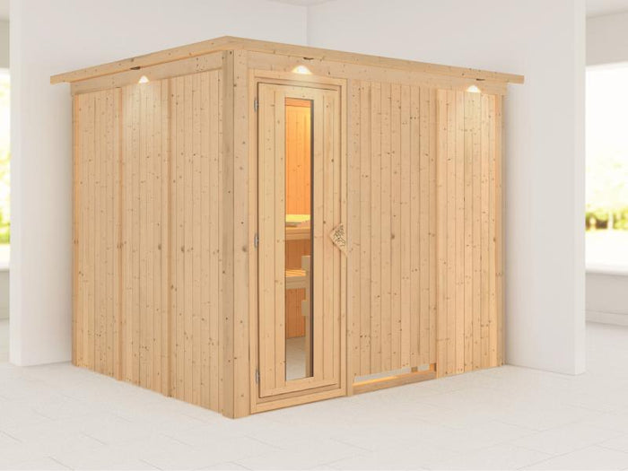 Karibu Sauna Gobin ohne Ofen, mit Dachkranz, mit energiesparender Saunatür