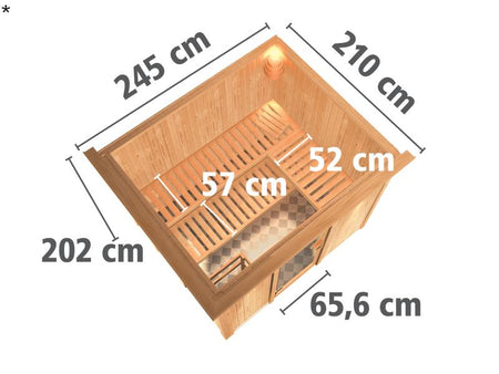Karibu Sauna Gobin ohne Ofen, mit Dachkranz, mit moderner Saunatür