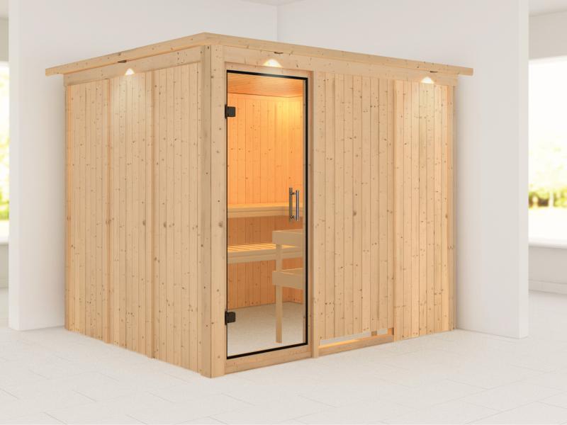 Karibu Sauna Gobin ohne Ofen, mit Dachkranz, mit Klarglas Ganzglastür