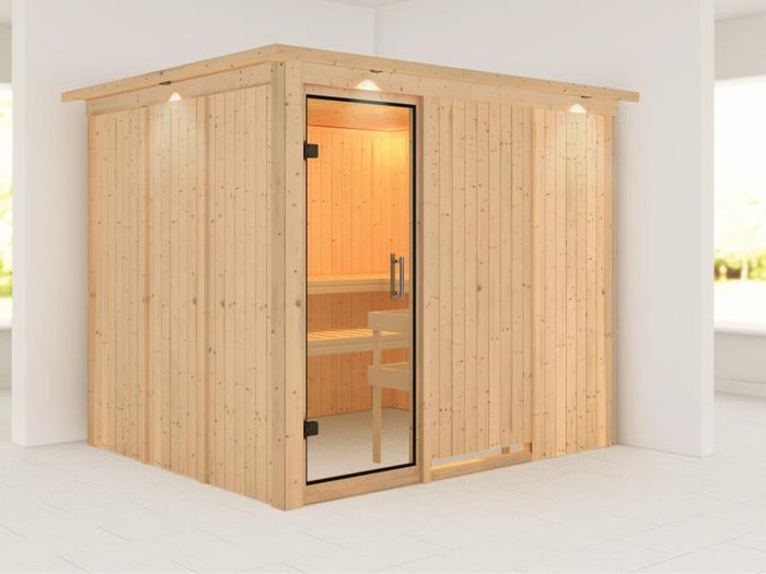 Karibu Sauna Gobin ohne Ofen, mit Dachkranz, mit Klarglas Ganzglastür