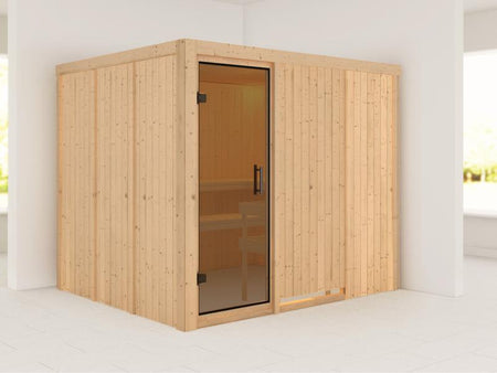 Karibu Sauna Gobin ohne Ofen, ohne Dachkranz, mit moderner Saunatür