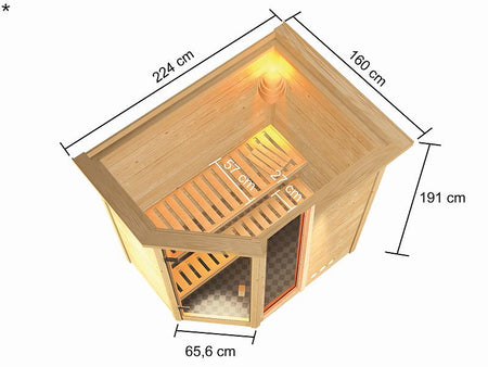 Karibu Sauna Jada mit 9 kW Bioofen ext. Strg und Dachkranz 38 mm