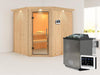 Karibu Sauna Jarin inkl. 9 kW Bio Ofen mit ext. Steuerung, mit Dachkranz, mit Ganzglas Klarglastür