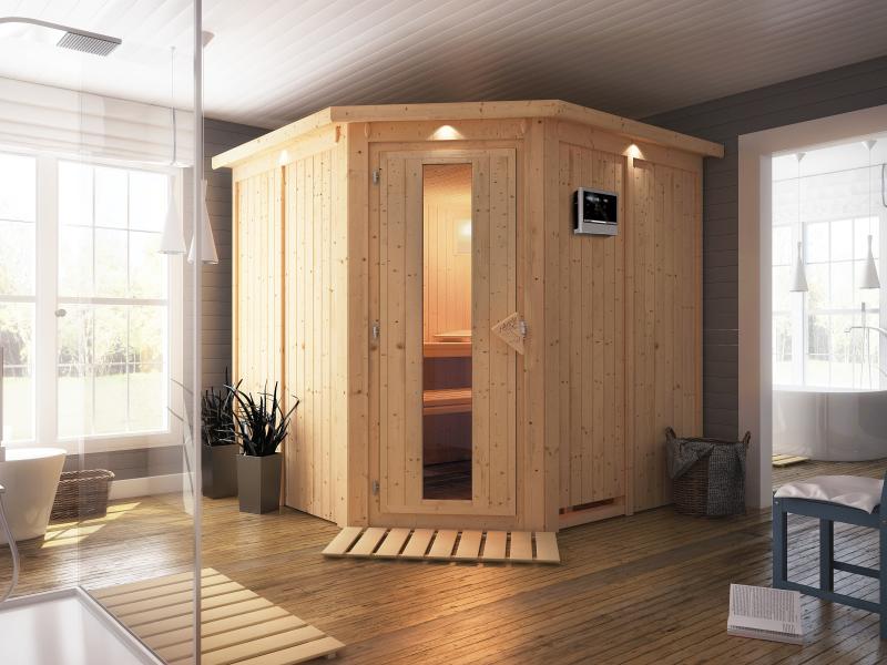 Karibu Sauna Jarin inkl. 9-kW-Bioofen mit externer Steuerung, mit Dachkranz, mit energiesparender Sa