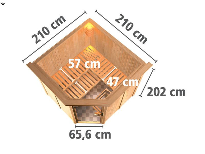 Karibu Sauna Jarin inkl. 9 kW Ofen mit ext. Steuerung, mit Dachkranz, mit Ganzglas Klarglastür