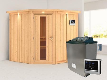 Karibu Sauna Jarin inkl. 9-kW-Ofen mit externer Steuerung, mit Dachkranz, mit energiesparender Sauna