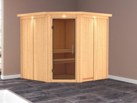 Karibu Sauna Jarin ohne Ofen, mit Dachkranz, mit moderner Saunatür