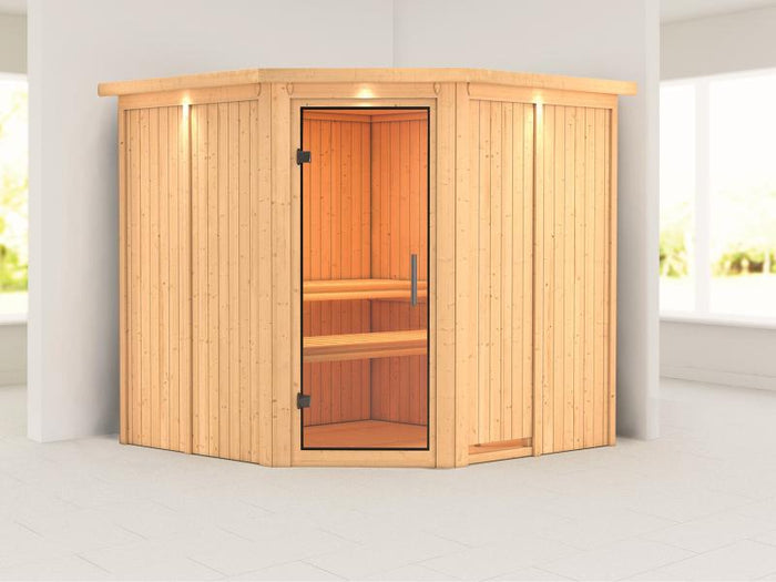 Karibu Sauna Jarin ohne Ofen, mit Dachkranz, mit Ganzglas Klarglastür