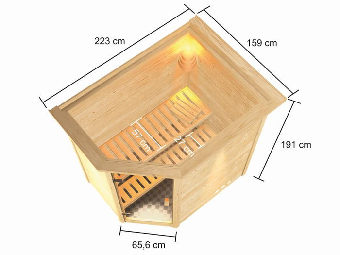 Karibu Sauna Jella inkl. 9 kW Bioofen ext. Steuerung mit klassischer Saunatür -mit Dachkranz-