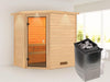 Karibu Sauna Jella inkl. 9 kW Ofen integr. Steuerung mit klassischer Saunatür -mit Dachkranz-