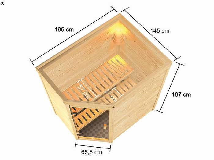 Karibu Sauna Jella mit 3,6 kW Ofen integr. Strg 38 mm