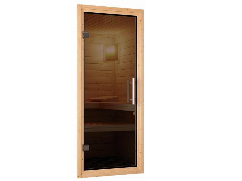 Karibu Sauna Larin inkl. 9 kW Bioofen externe Steuerung, mit moderner Saunatür - mit Dachkranz -