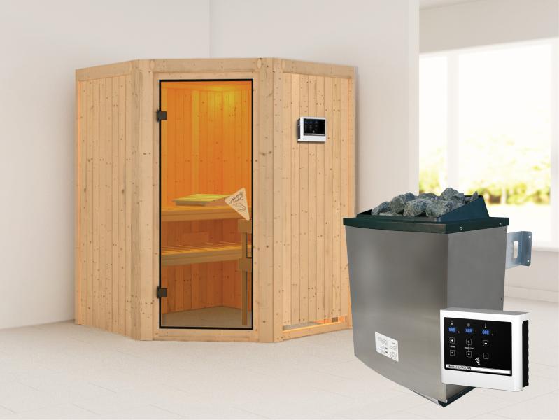 Karibu Sauna Larin inkl. 9 kW Ofen externe Steuerung, mit bronzierter Ganzglastür - ohne Dachkranz -