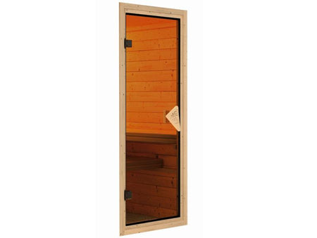 Karibu Sauna Larin inkl. 9 kW Ofen externe Steuerung, mit bronzierter Ganzglastür - mit Dachkranz -