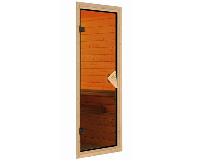 Karibu Sauna Larin inkl. 9 kW Ofen integrierte Steuerung, mit bronzierter Ganzglastür - ohne Dachkra