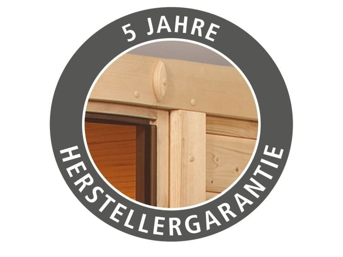 Karibu Sauna Larin inkl. 9 kW Ofen integrierte Steuerung mit moderner Saunatür - ohne Dachkranz -