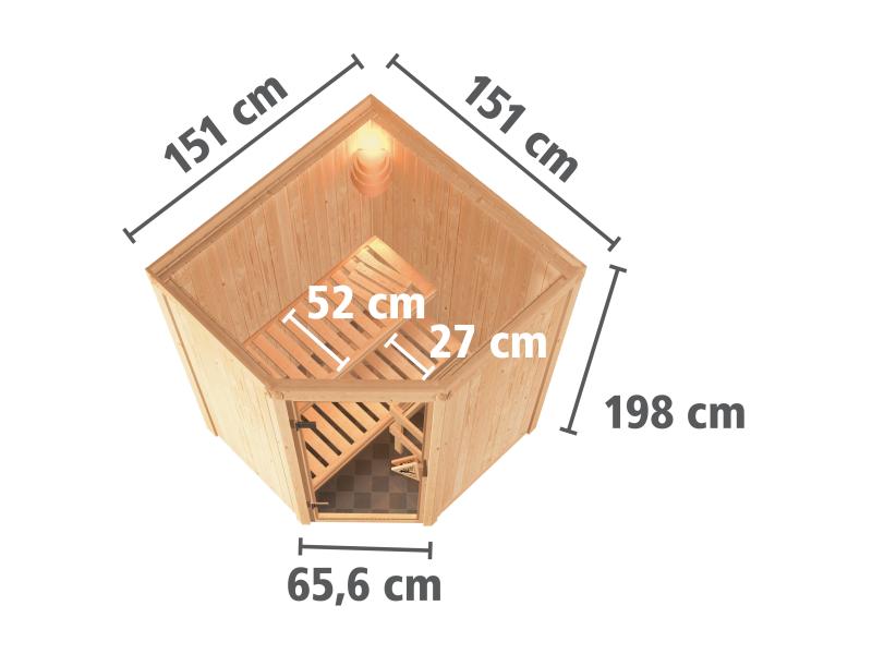 Karibu Sauna Larin inkl. 9 kW Ofen integrierte Steuerung mit moderner Saunatür - ohne Dachkranz -