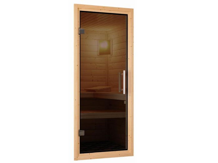Karibu Sauna Larin inkl. 9 kW Ofen integrierte Steuerung mit moderner Saunatür - ohne Dachkranz -