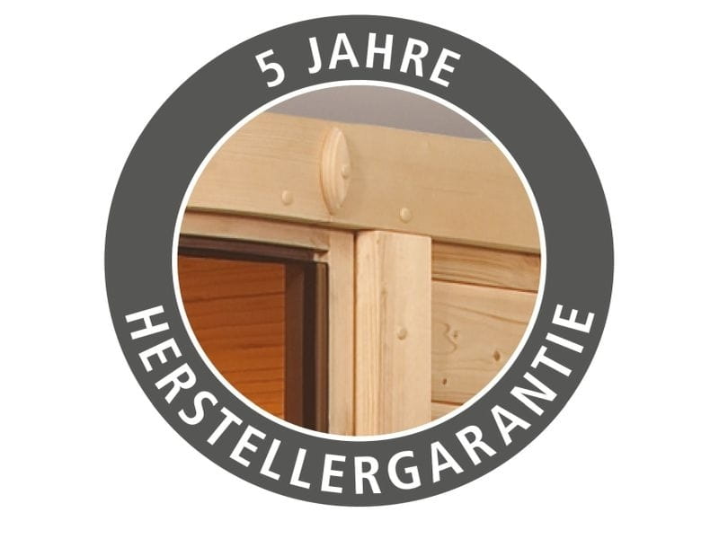 Karibu Sauna Larin inkl. 9 kW Ofen integrierte Steuerung,mit moderner Saunatür - mit Dachkranz -