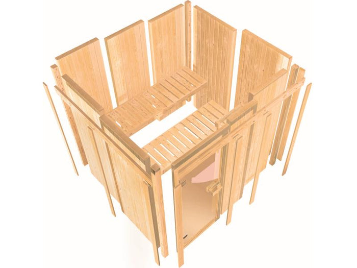 Karibu Sauna Larin inkl. 9 kW Ofen mit interner Steuerung, mit Dachkranz, mit energiesparender Sauna