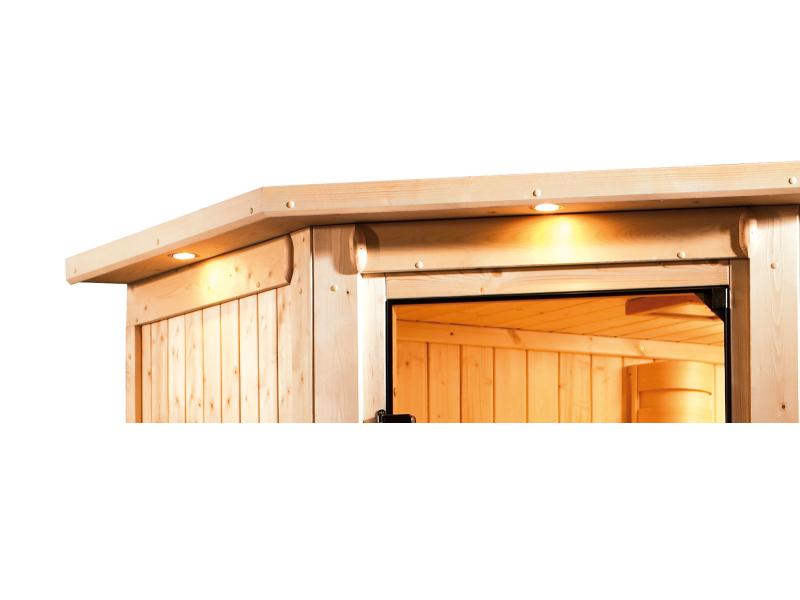 Karibu Sauna Larin inkl. 9kW Bioofen externe Steuerung, mit Klarglas-Ganzglastür -mit Dachkranz-