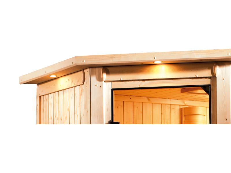Karibu Sauna Larin inkl. 9kW Ofen externe Steuerung, mit Klarglas-Ganzglastür -mit Dachkranz-