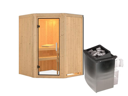 Karibu Sauna Larin inkl. 9kW Ofen integrierte Steuerung, mit Klarglas-Ganzglastür -ohne Dachkranz-