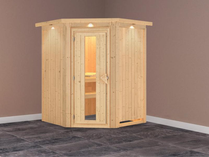 Karibu Sauna Larin ohne Ofen, mit Dachkranz, mit energiesparender Saunatür