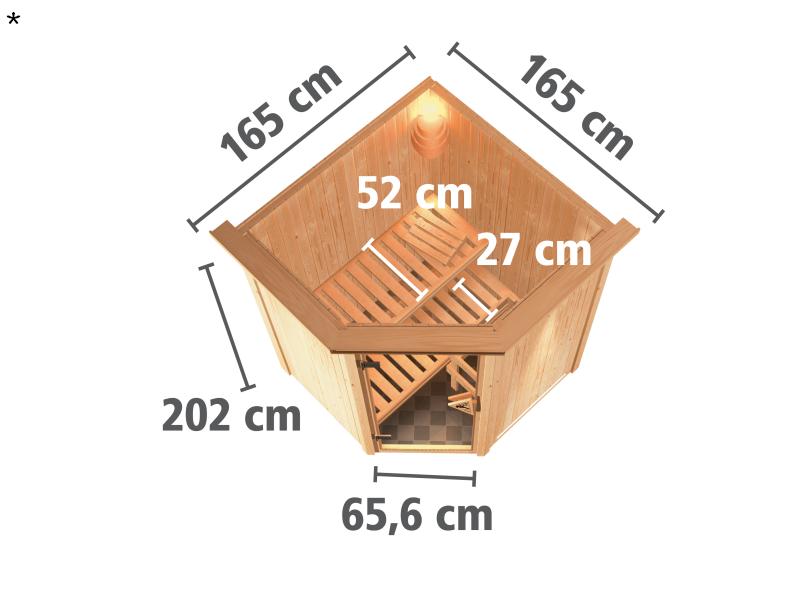 Karibu Sauna Larin ohne Ofen, mit Dachkranz, mit energiesparender Saunatür
