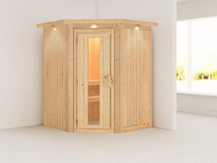 Karibu Sauna Larin ohne Ofen, mit Dachkranz, mit energiesparender Saunatür