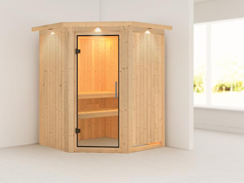 Karibu Sauna Larin ohne Ofen, mit Dachkranz, mit Klarglas-Ganzglastür