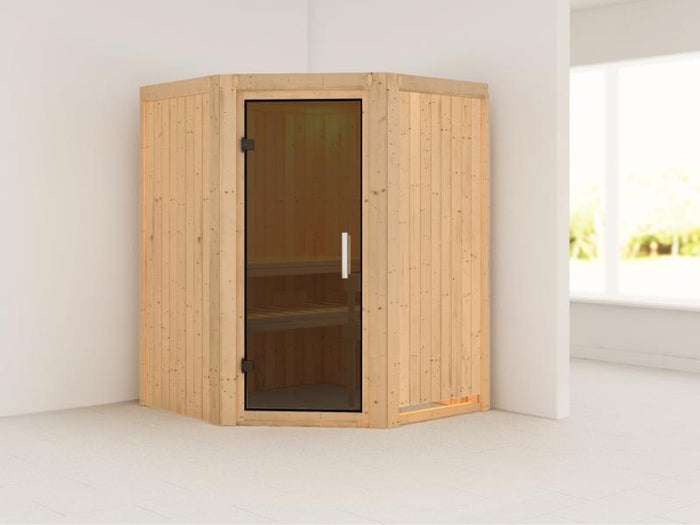 Karibu Sauna Larin ohne Ofen, ohne Dachkranz, mit moderner Saunatür